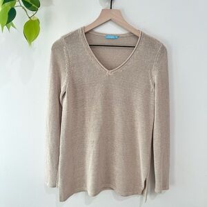J.McLaughlin Callum Beige Open Knit Sweater Small V-Neck Pullover Side Slit Hem